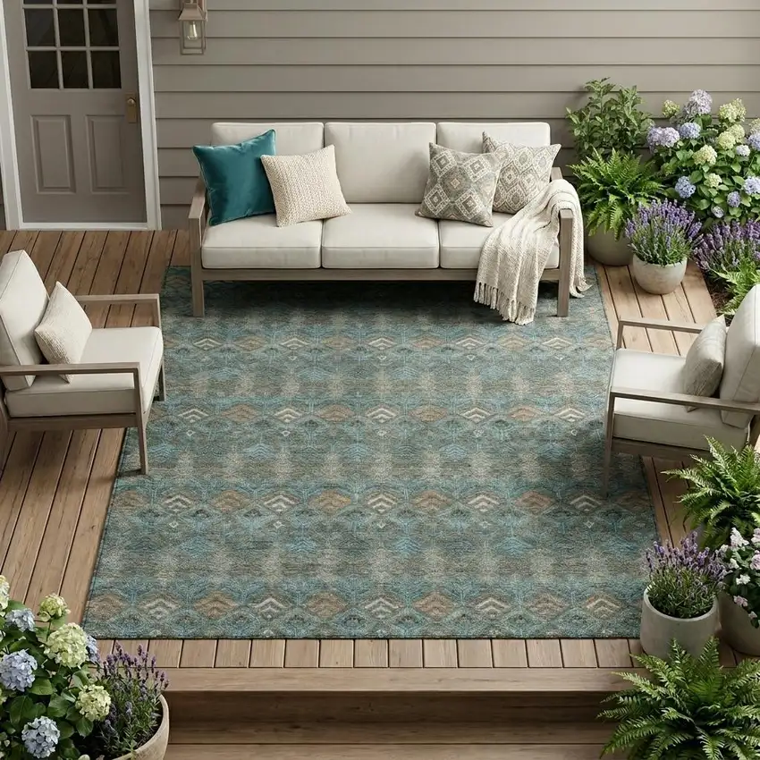 Teal Blue And Charcoal Geometric Washable Indoor Outdoor Area Rug Photo 1