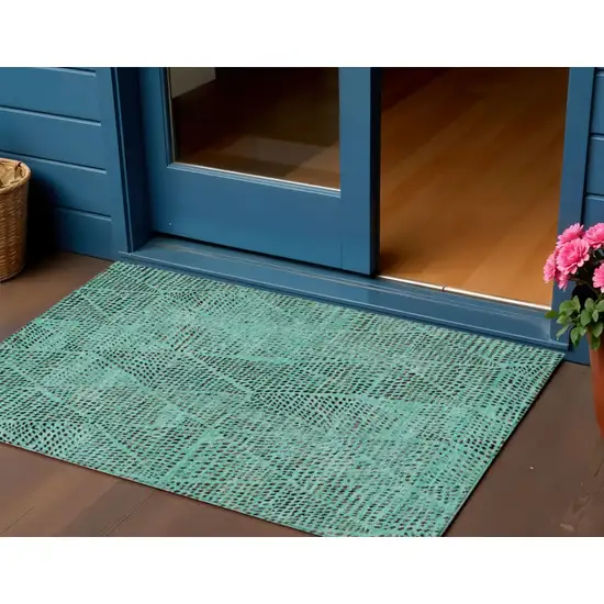 Teal Blue And Charcoal Geometric Washable Indoor Outdoor Area Rug Photo 1