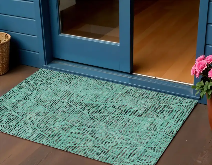 Teal Blue And Charcoal Geometric Washable Indoor Outdoor Area Rug Photo 1