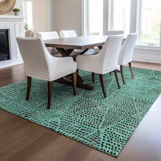 Teal Blue And Charcoal Geometric Washable Indoor Outdoor Area Rug Photo 8