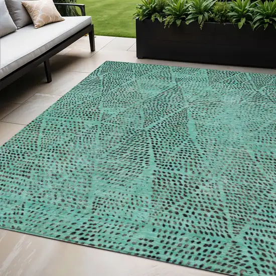 Teal Blue And Charcoal Geometric Washable Indoor Outdoor Area Rug Photo 1