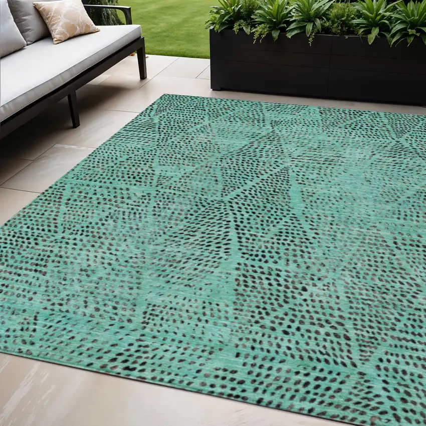 Teal Blue And Charcoal Geometric Washable Indoor Outdoor Area Rug Photo 1
