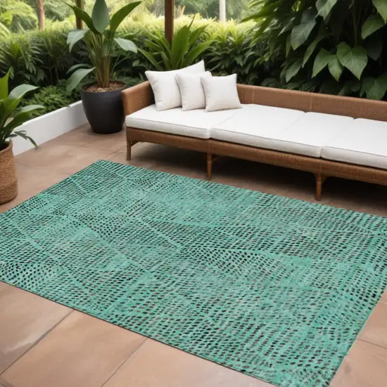 Teal Blue And Charcoal Geometric Washable Indoor Outdoor Area Rug Photo 1