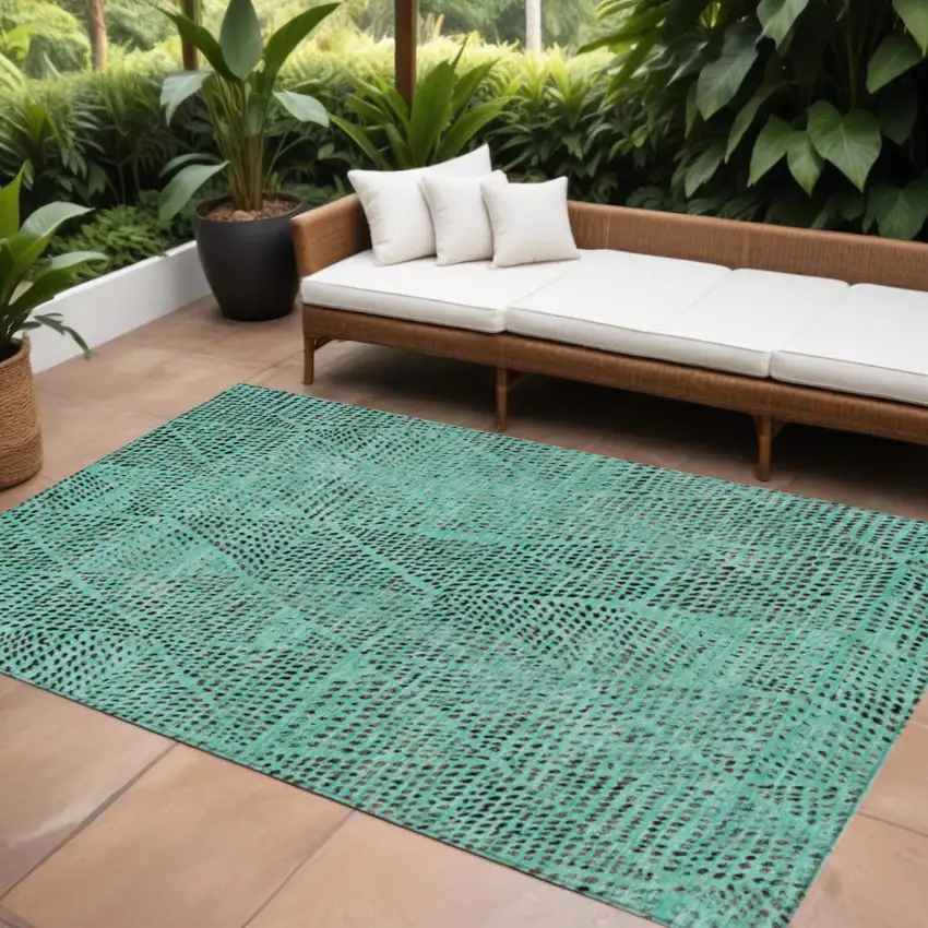 Teal Blue And Charcoal Geometric Washable Indoor Outdoor Area Rug Photo 1