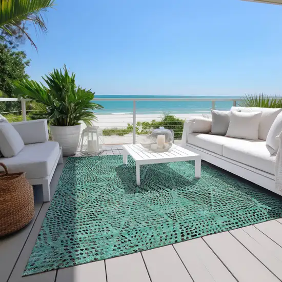 Teal Blue And Charcoal Geometric Washable Indoor Outdoor Area Rug Photo 6
