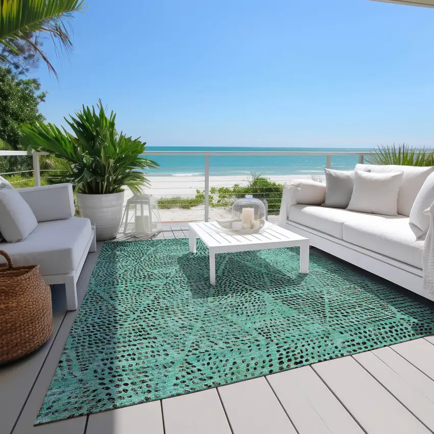 Teal Blue And Charcoal Geometric Washable Indoor Outdoor Area Rug Photo 6
