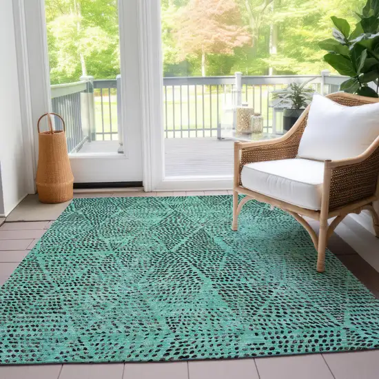 Teal Blue And Charcoal Geometric Washable Indoor Outdoor Area Rug Photo 9