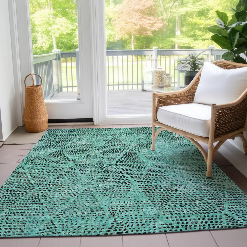 Teal Blue And Charcoal Geometric Washable Indoor Outdoor Area Rug Photo 9