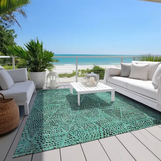 Teal Blue And Charcoal Geometric Washable Indoor Outdoor Area Rug Photo 7