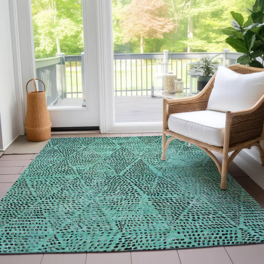 Teal Blue And Charcoal Geometric Washable Indoor Outdoor Area Rug Photo 9