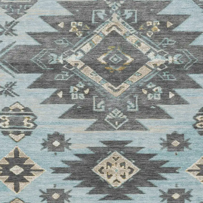 Teal Blue And Charcoal Tribal Washable Indoor Outdoor Area Rug Photo 3