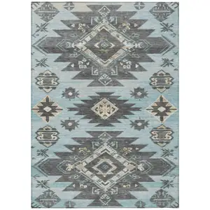 Photo of Teal Blue And Charcoal Tribal Washable Indoor Outdoor Area Rug
