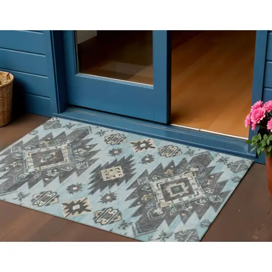 Teal Blue And Charcoal Tribal Washable Indoor Outdoor Area Rug Photo 2
