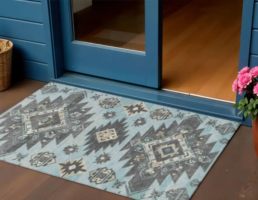 Teal Blue And Charcoal Tribal Washable Indoor Outdoor Area Rug Photo 2