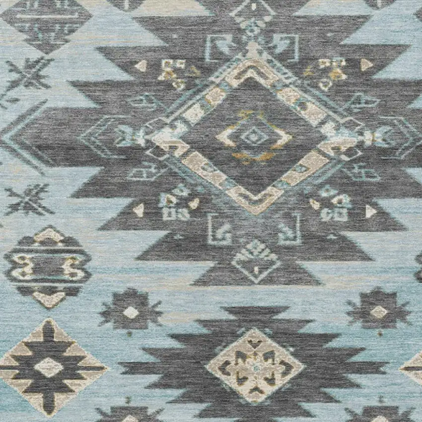Teal Blue And Charcoal Tribal Washable Indoor Outdoor Area Rug Photo 4