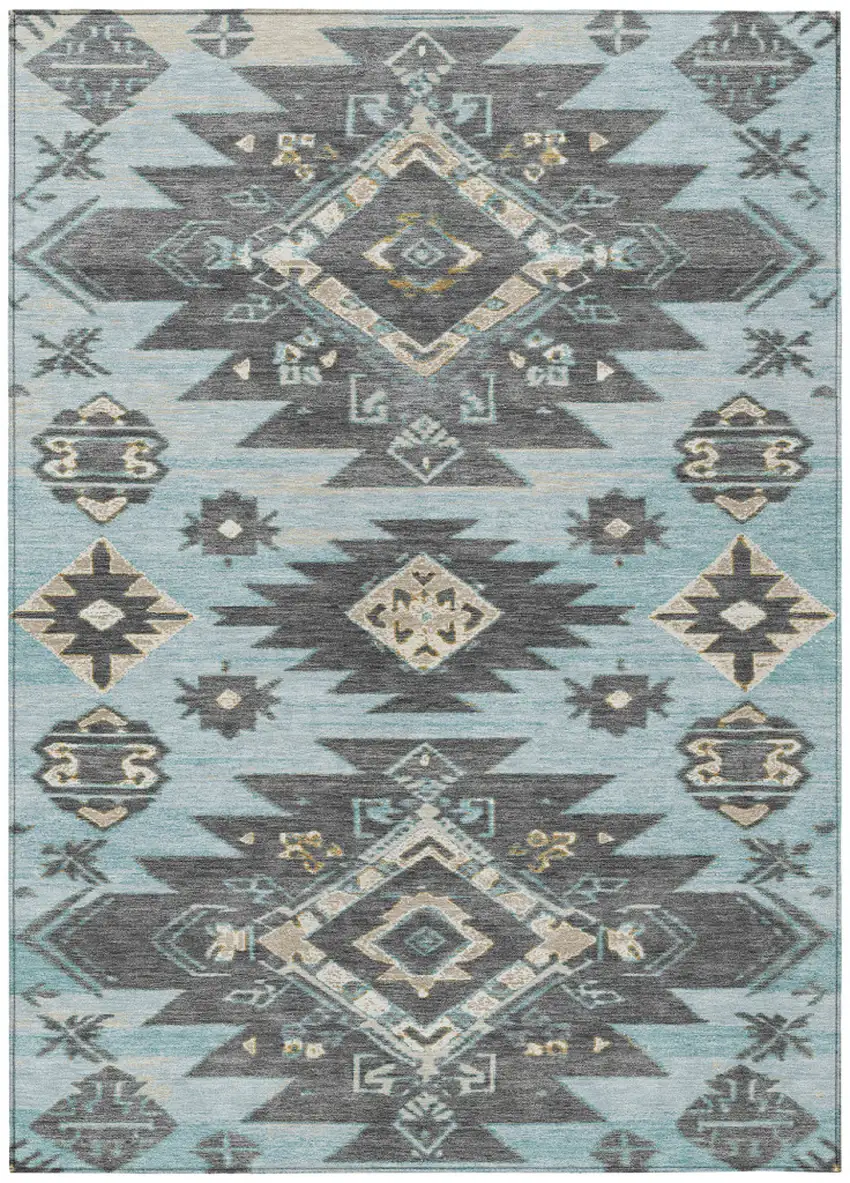 Teal Blue And Charcoal Tribal Washable Indoor Outdoor Area Rug Photo 1