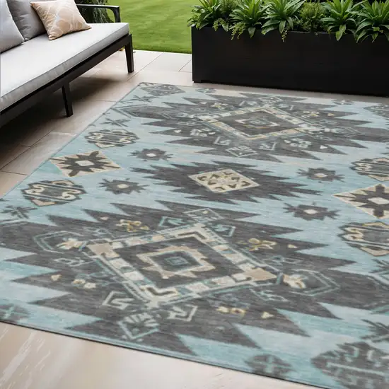 Teal Blue And Charcoal Tribal Washable Indoor Outdoor Area Rug Photo 2