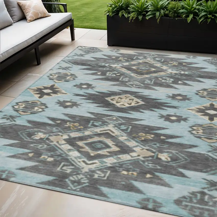 Teal Blue And Charcoal Tribal Washable Indoor Outdoor Area Rug Photo 2
