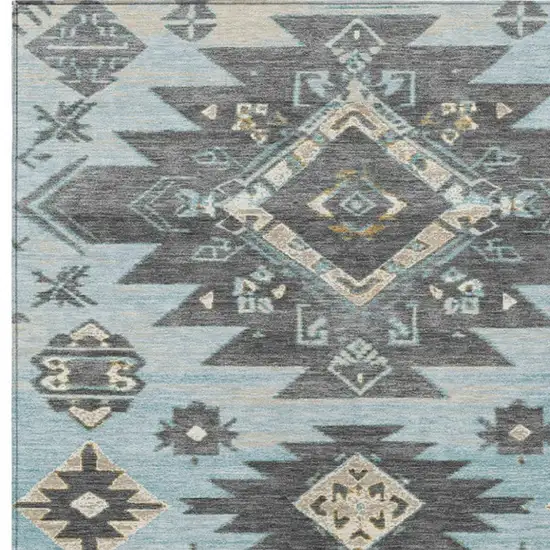 Teal Blue And Charcoal Tribal Washable Indoor Outdoor Area Rug Photo 3