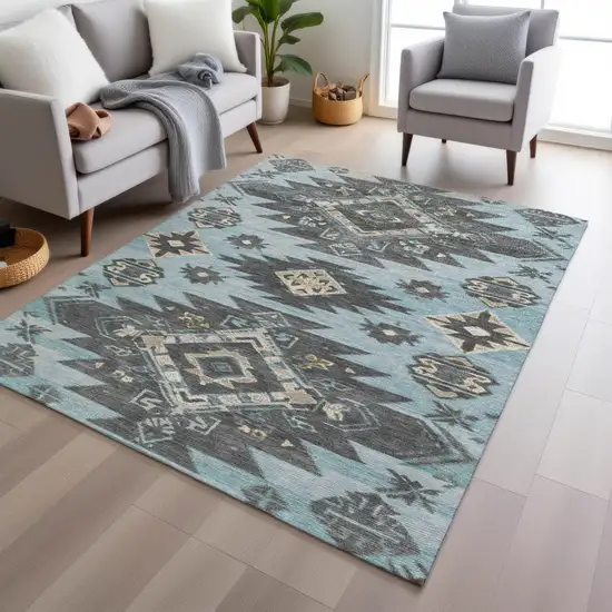 Teal Blue And Charcoal Tribal Washable Indoor Outdoor Area Rug Photo 6