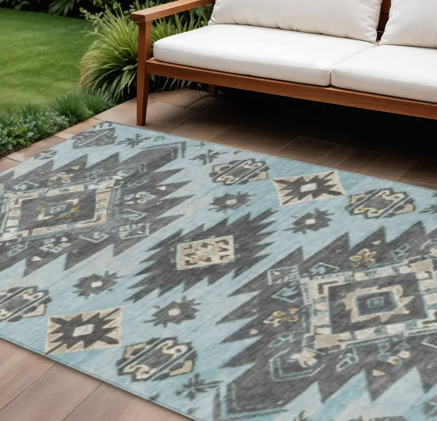 Teal Blue And Charcoal Tribal Washable Indoor Outdoor Area Rug Photo 2