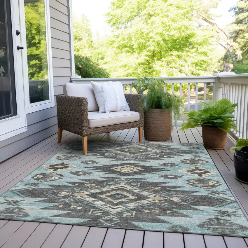 Teal Blue And Charcoal Tribal Washable Indoor Outdoor Area Rug Photo 8