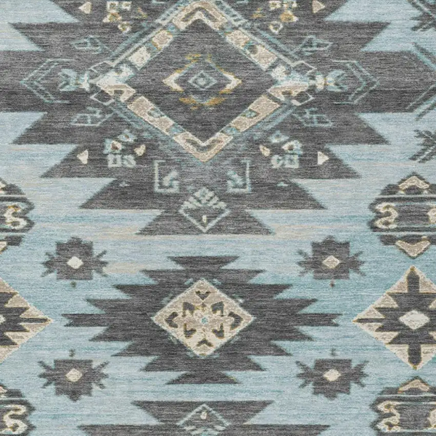 Teal Blue And Charcoal Tribal Washable Indoor Outdoor Area Rug Photo 3