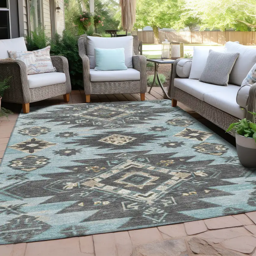 Teal Blue And Charcoal Tribal Washable Indoor Outdoor Area Rug Photo 5