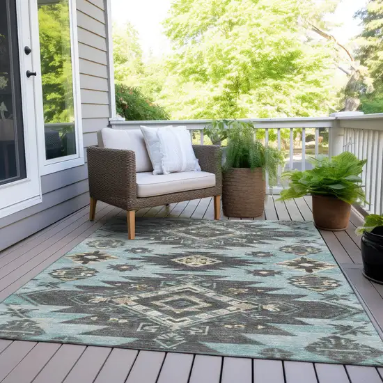 Teal Blue And Charcoal Tribal Washable Indoor Outdoor Area Rug Photo 8