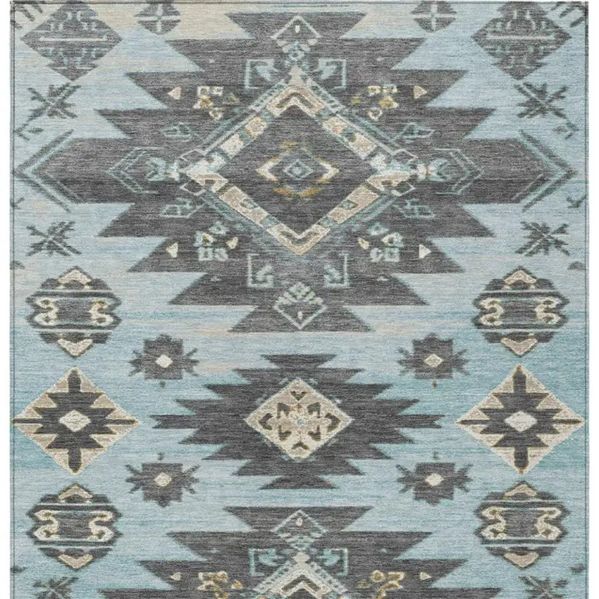 Teal Blue And Charcoal Tribal Washable Indoor Outdoor Area Rug Photo 3