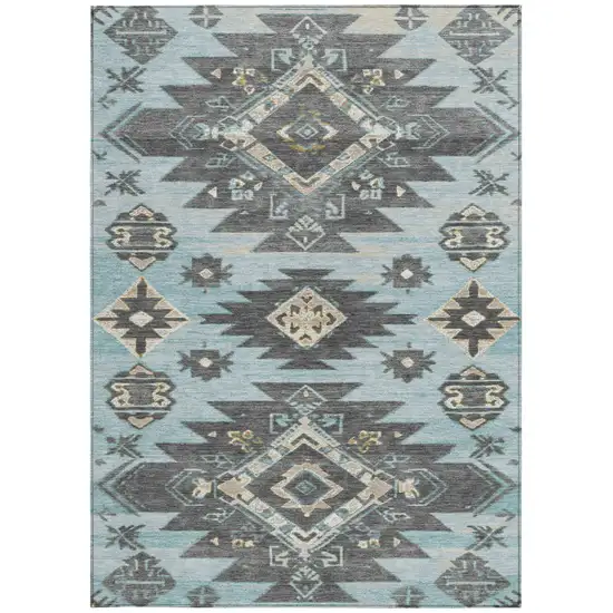 Teal Blue And Charcoal Tribal Washable Indoor Outdoor Area Rug Photo 4