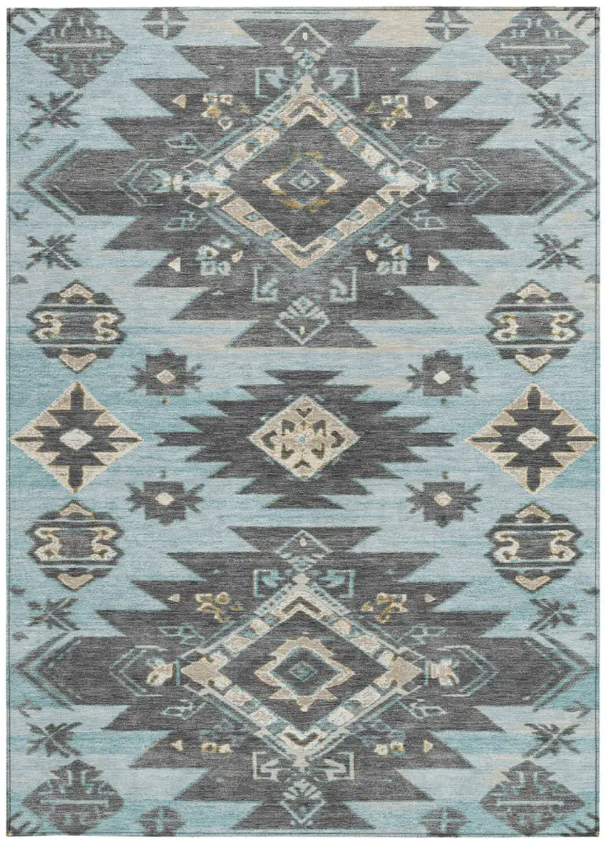 Teal Blue And Charcoal Tribal Washable Indoor Outdoor Area Rug Photo 4