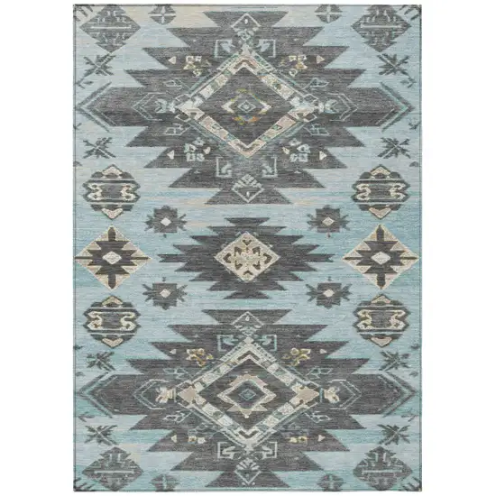 Teal Blue And Charcoal Tribal Washable Indoor Outdoor Area Rug Photo 1
