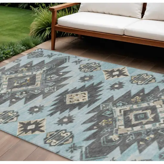 Teal Blue And Charcoal Tribal Washable Indoor Outdoor Area Rug Photo 2