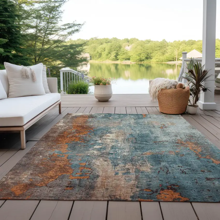 Teal Blue And Copper Abstract Washable Indoor Outdoor Area Rug Photo 3