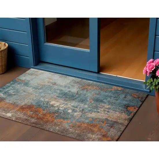 Teal Blue And Copper Abstract Washable Indoor Outdoor Area Rug Photo 2