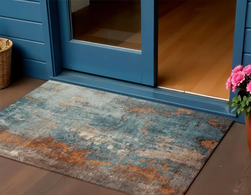 Teal Blue And Copper Abstract Washable Indoor Outdoor Area Rug Photo 2