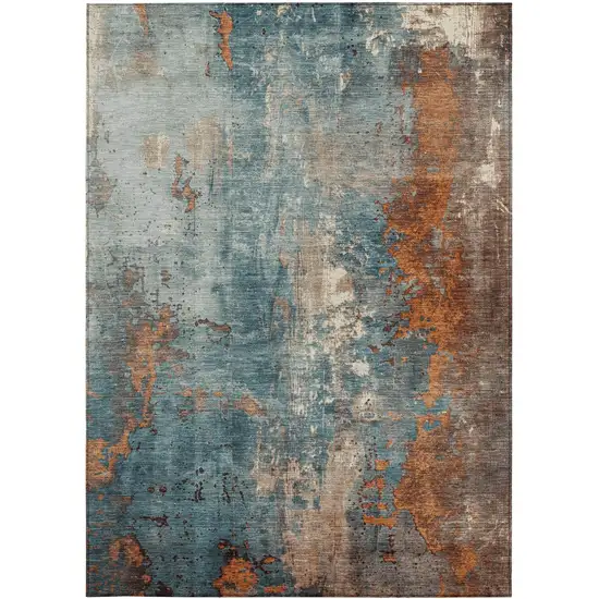 Teal Blue And Copper Abstract Washable Indoor Outdoor Area Rug Photo 9