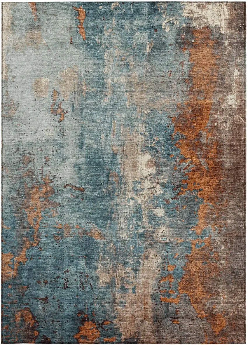 Teal Blue And Copper Abstract Washable Indoor Outdoor Area Rug Photo 9