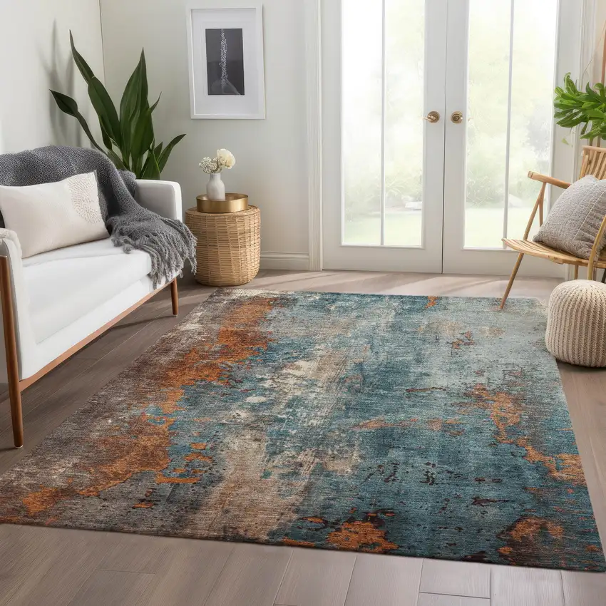 Teal Blue And Copper Abstract Washable Indoor Outdoor Area Rug Photo 5