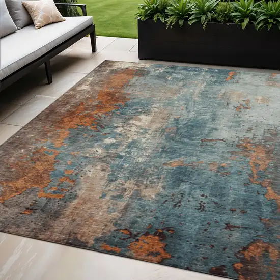 Teal Blue And Copper Abstract Washable Indoor Outdoor Area Rug Photo 2