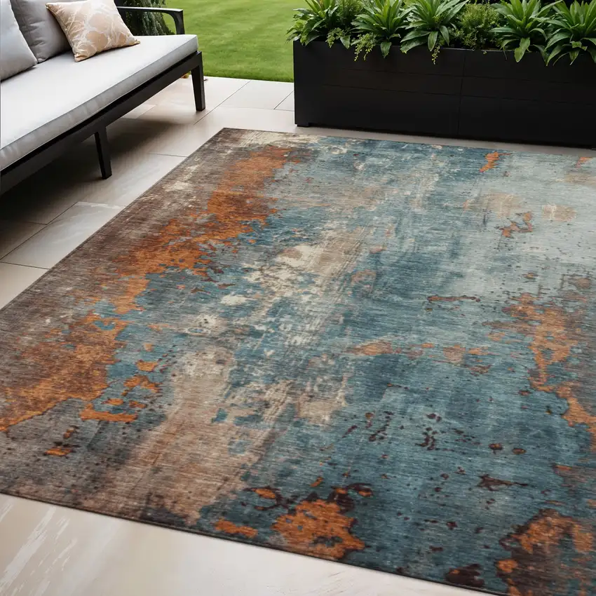 Teal Blue And Copper Abstract Washable Indoor Outdoor Area Rug Photo 2