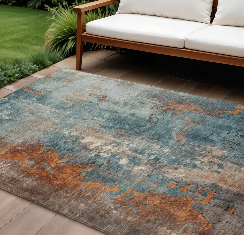 Teal Blue And Copper Abstract Washable Indoor Outdoor Area Rug Photo 2
