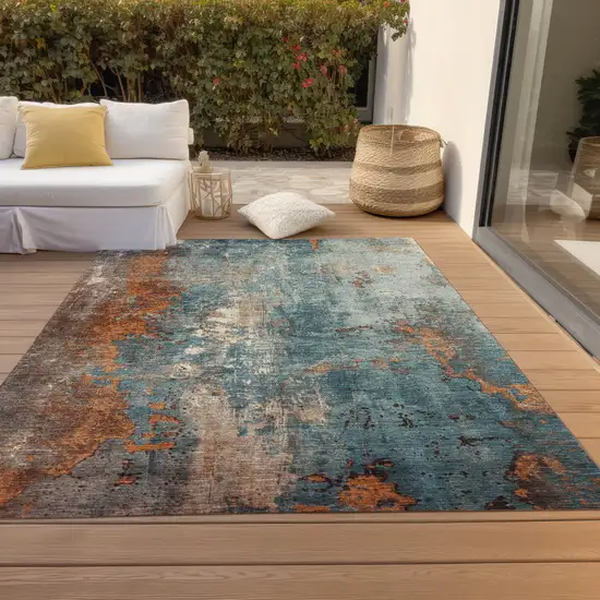Teal Blue And Copper Abstract Washable Indoor Outdoor Area Rug Photo 6