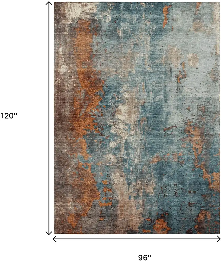 Teal Blue And Copper Abstract Washable Indoor Outdoor Area Rug Photo 8