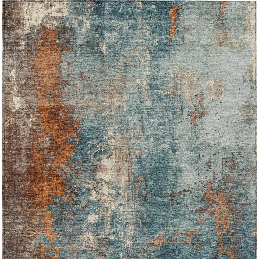 Teal Blue And Copper Abstract Washable Indoor Outdoor Area Rug Photo 8