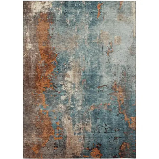 Teal Blue And Copper Abstract Washable Indoor Outdoor Area Rug Photo 7