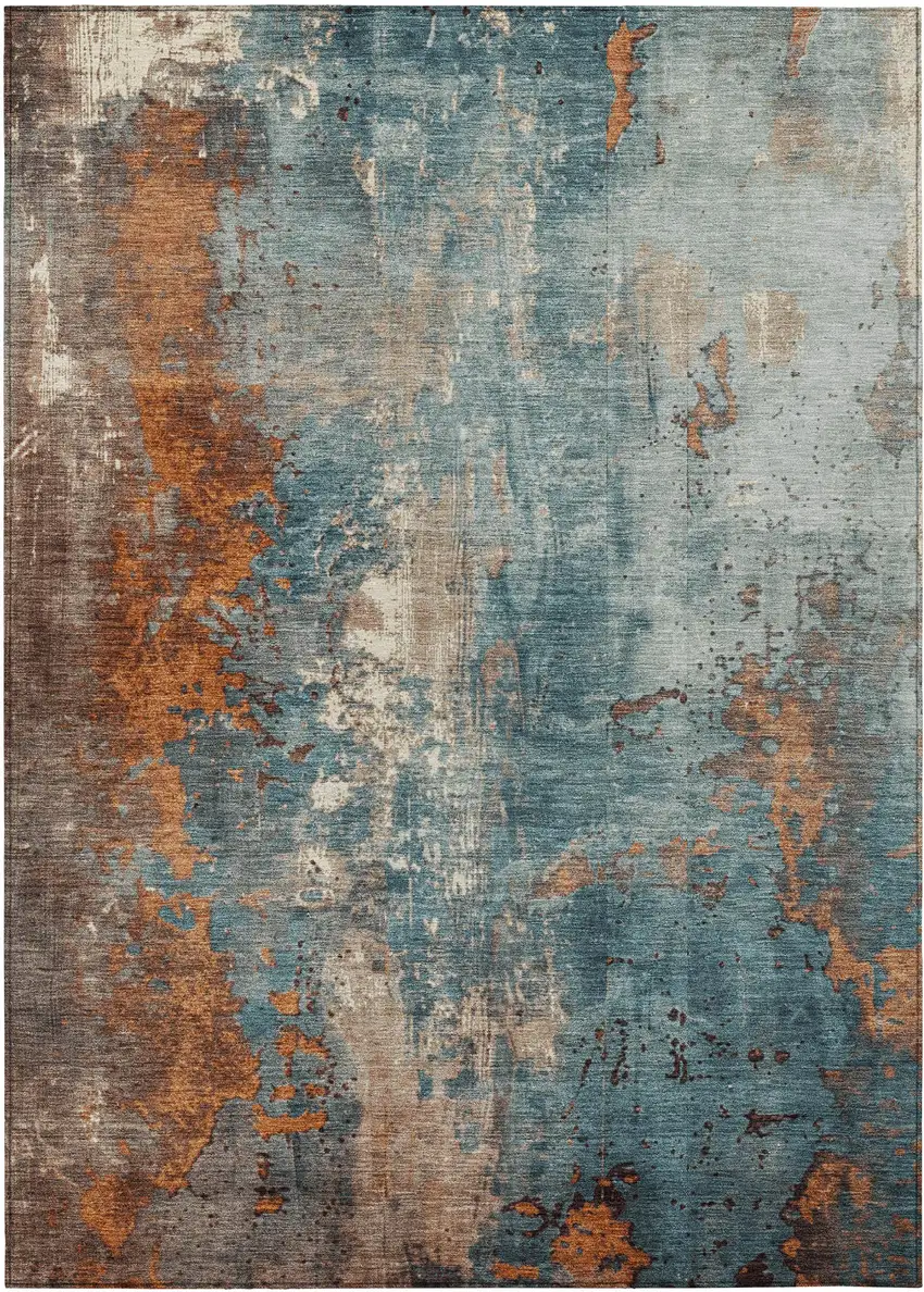Teal Blue And Copper Abstract Washable Indoor Outdoor Area Rug Photo 7