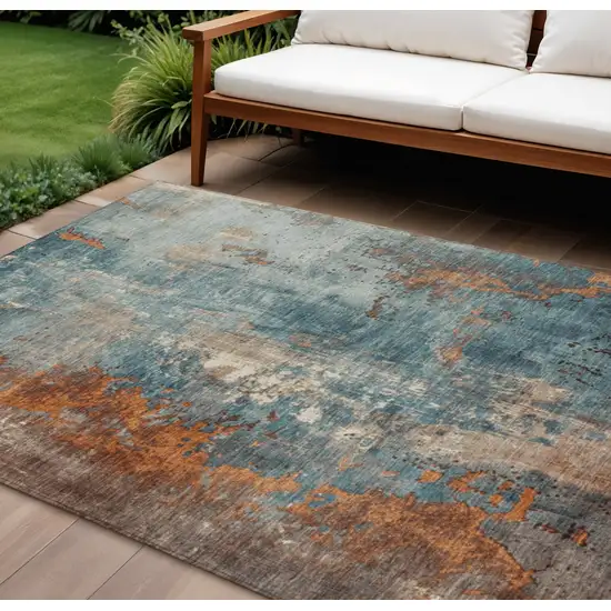 Teal Blue And Copper Abstract Washable Indoor Outdoor Area Rug Photo 2