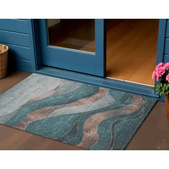 Teal Blue And Copper Abstract Washable Indoor Outdoor Area Rug Photo 2